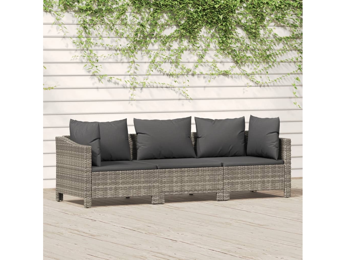 Vidaxl 3 Pcs Conjunto Lounge De Jardim C/ Almofadões Vime Pe Cinzento