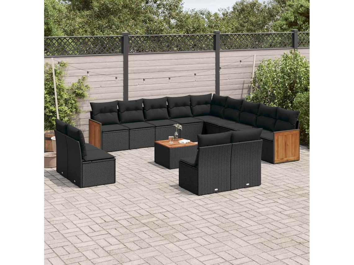 Vidaxl 14 Pcs Conjunto De Sofás P/ Jardim C/ Almofadões Vime Pe Preto