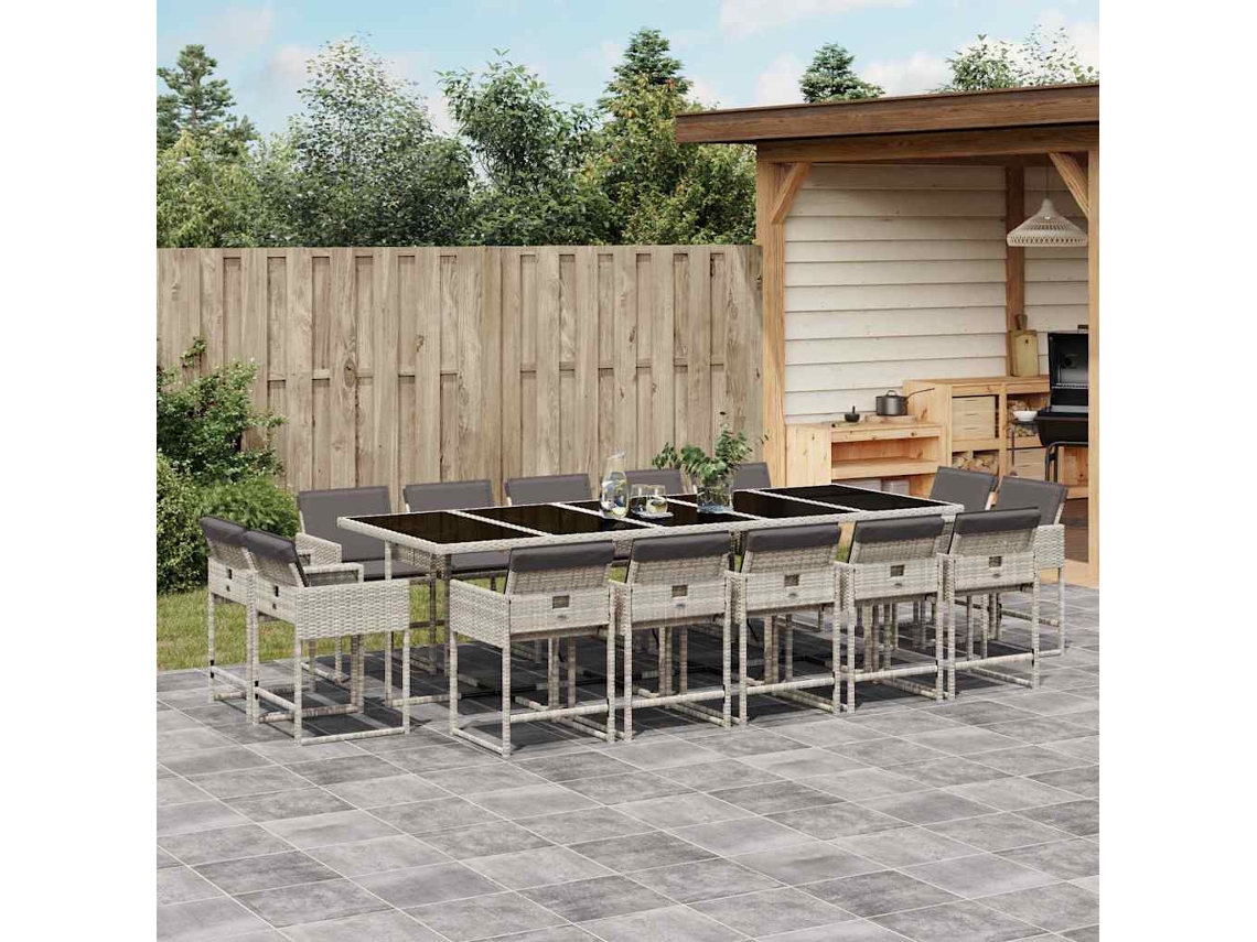 Vidaxl 15 Pcs Conj. Jantar Jardim C/ Almofadões Vime Pe Cinzento-claro