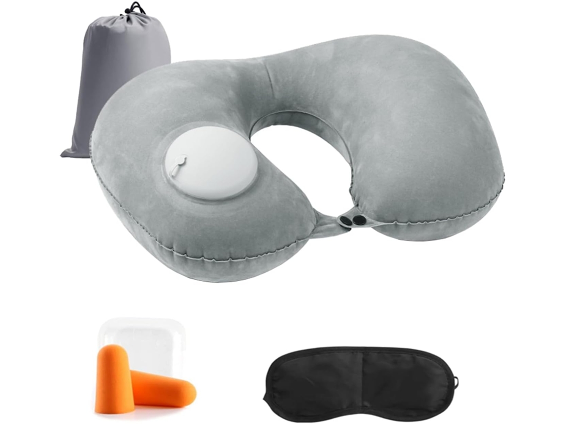 Almofada Viagem Inflável Cinza Forma U, com Máscara/soneca/tampões/bolsa ZYBLSSBB