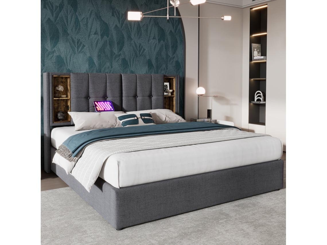 Cama 140x200 Com Usb-c E Arrumação Cinza