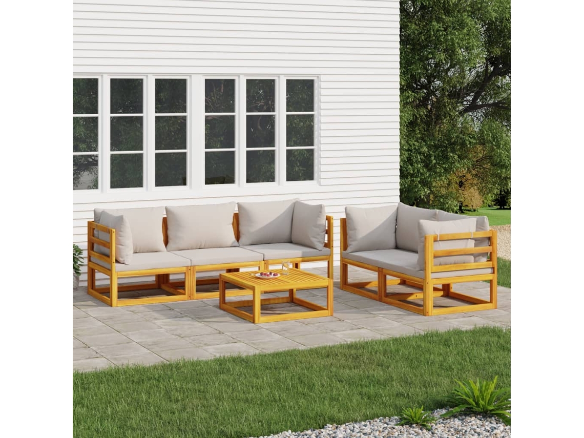 Vidaxl 6pcs Conjunto Lounge De Jardim Madeira C/almofadões Cinza-claro