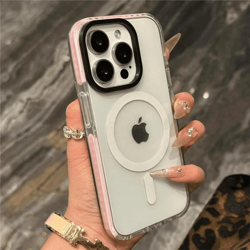 Capa Para Iphone 13 Pro Max Rosa Transparente Com Carregamento Sem Fio, Moldura Magnética Transparente E Capa Traseira.