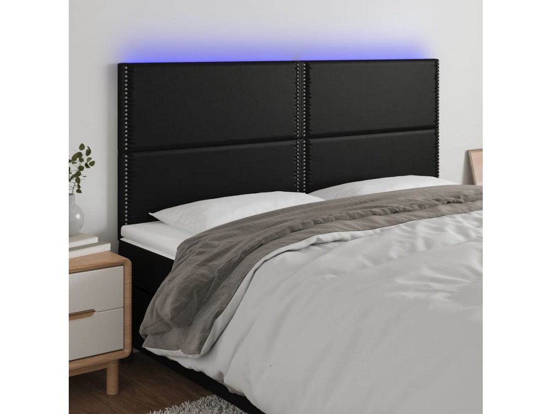 Vidaxl Cabeceira De Cama C/ Led Couro Artificial 200x5x118/128cm Preto