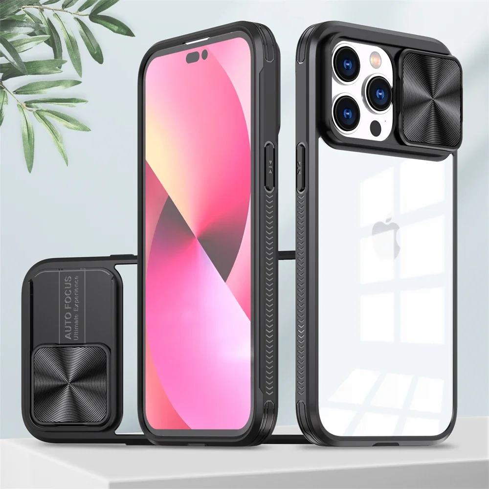 (iphone 14 Plus, Preto) Capa Protetora Transparente Deslizante Para Iphone Com Estrutura Rígida.