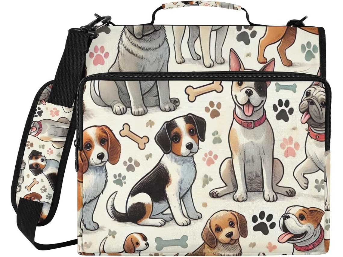 Organizador de Bolsa com Estampa de Cachorrinhos em Desenho Animado e Macio, Cor Bege, 3 Argolas com Compartimento