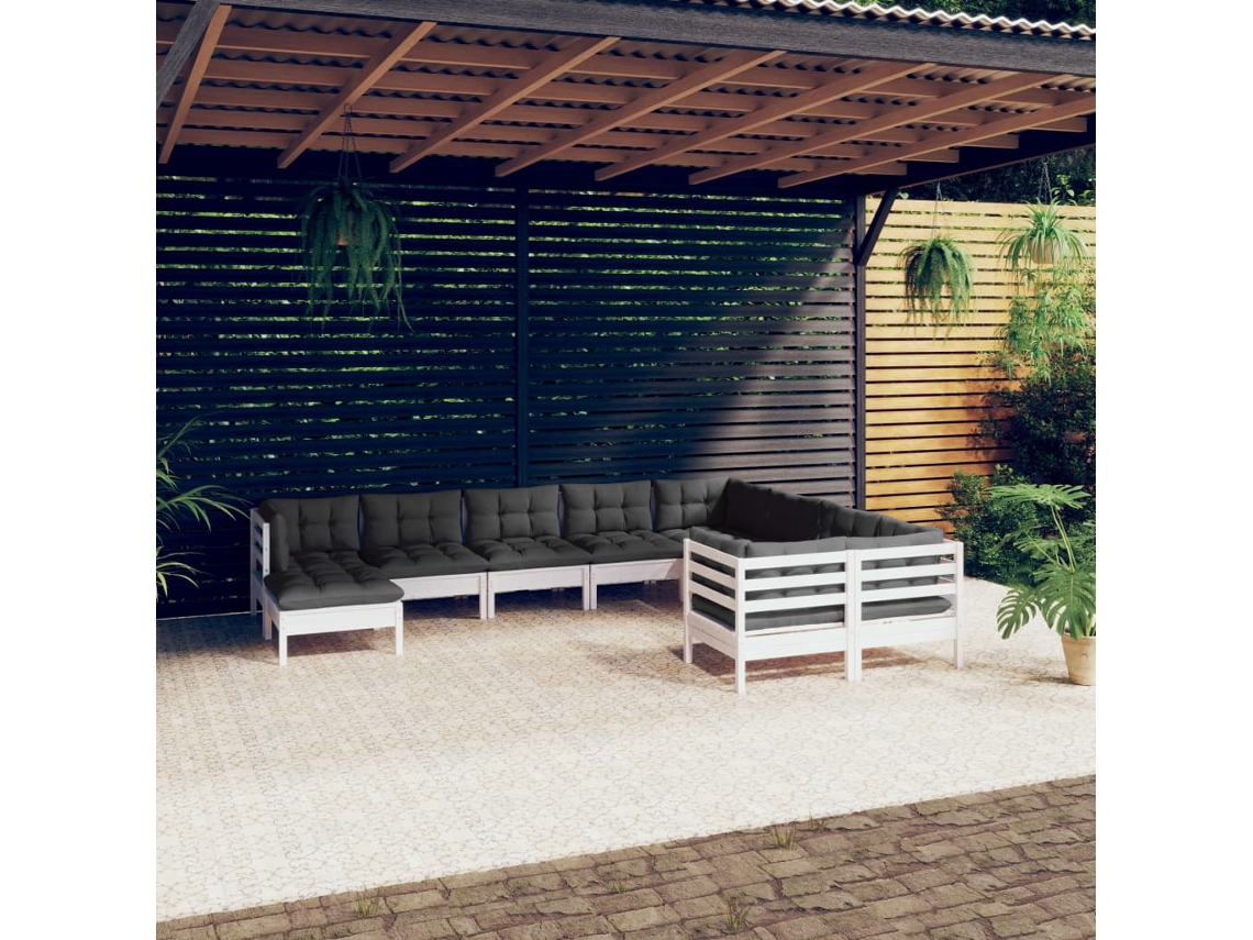 Vidaxl 10 Pcs Conjunto Lounge De Jardim C/ Almofadões Pinho Branco