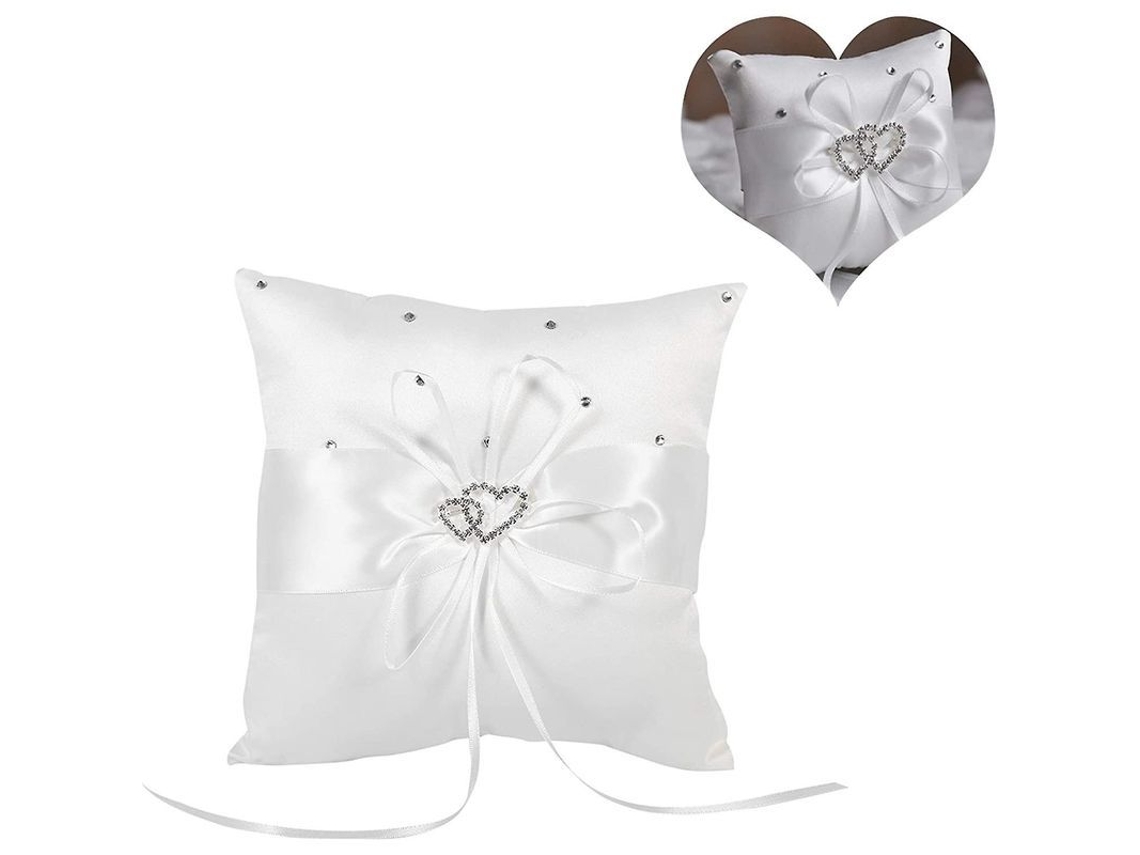 Travesseiro Para Anéis De Casamento 20x20cm Com Laço De Fita Corações Duplos Diamantes Branco