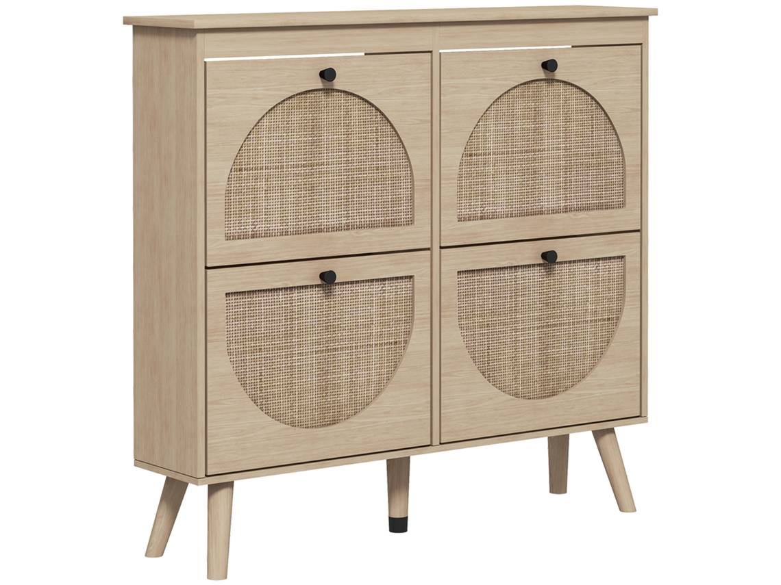 Sapateira Boêmia Com 4 Portas Basculantes, Capacidade Para 20 Pares, Prateleira Ajustável, 105x24x97,5 Cm, Acabamento Natural, Pés Em Madeira Maciça