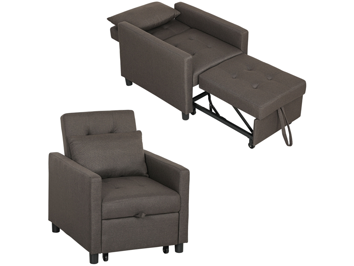 Sofá cama Individual PRIME KANG em Linho com encosto ajustável em 3 níveis e almofada, 69x82,5x84 cm, Marrom