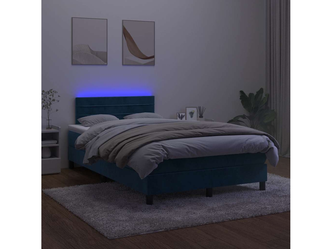 Vidaxl Cama Box Spring Colchão Led 120x190cm Couro Artif. Azul-escuro