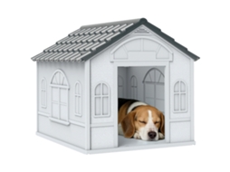 Casa para Cães 65x75,7x63 Cm Casa para Cães com Janelas e Teto com Telhas de Imitação para Cães Médios Cinza e Branco Ge