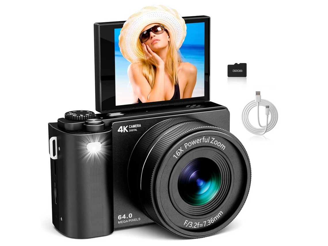 Câmera Digital 4k De 64 Mp, Bateria De 2000 Mah, Tela Giratória De 180º E Foco Automático (preta)