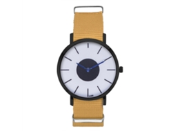Relógio masculino casual e estiloso com pulseira de nylon, mostrador redondo e movimento de quartzo bege.