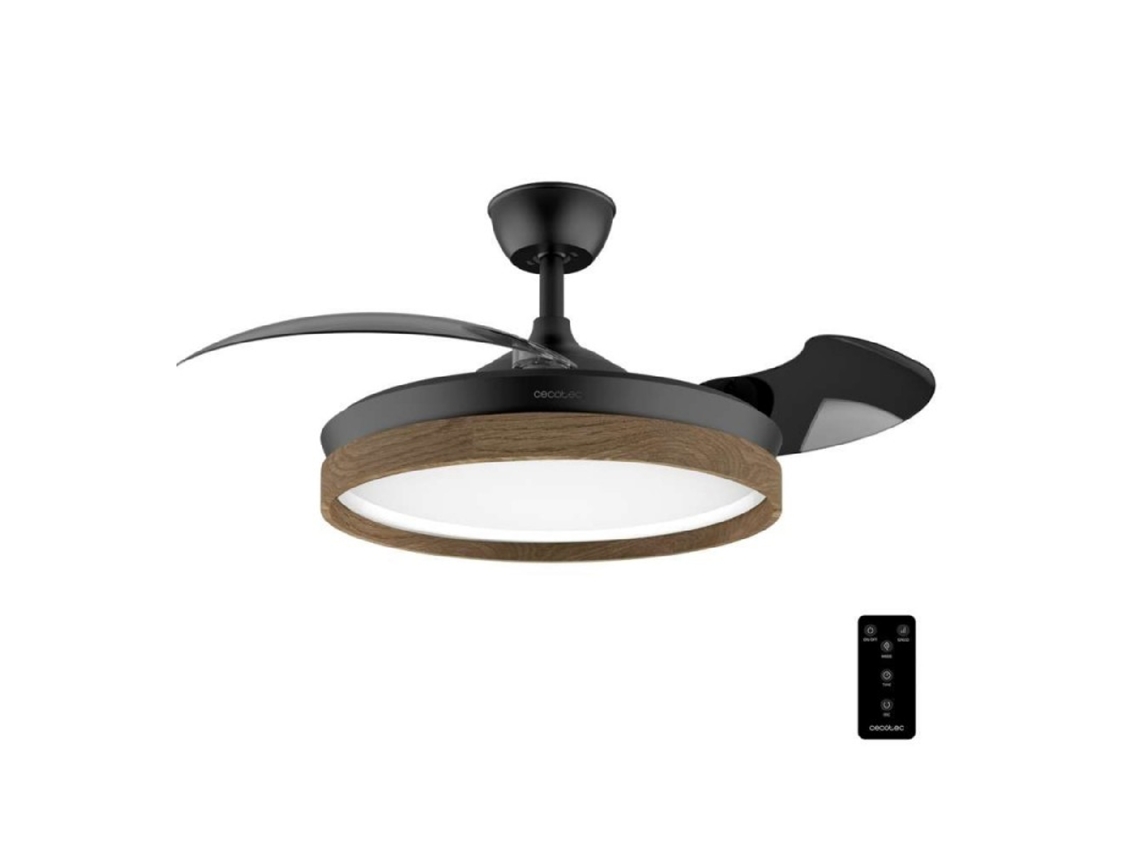 Ventilador De Teto Cecotec Energysilence Aero 4320, Modelo Invisible Wood &amp; Black, Com Luz. 35w, 6 Velocidades, Pás Retráteis.