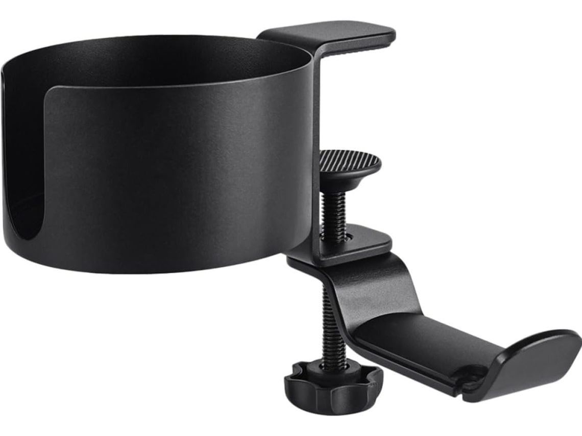 Suporte Para Fones De Ouvido Em Liga De Alumínio E Porta-copos De Mesa Preto Com Gancho Ajustável E Giratório