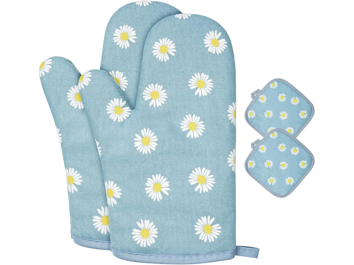 1 Par De Luvas 2 Pegadores - Algodão Antiderrapante - Laváveis - Até 180°c - Azul Floral