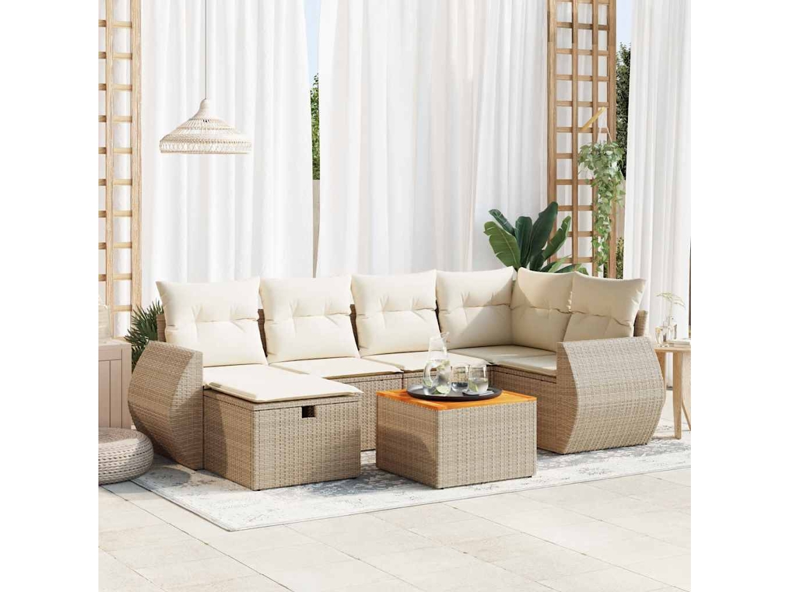 Vidaxl 7 Pcs Conjunto De Sofás P/ Jardim Com Almofadões Vime Pe Bege