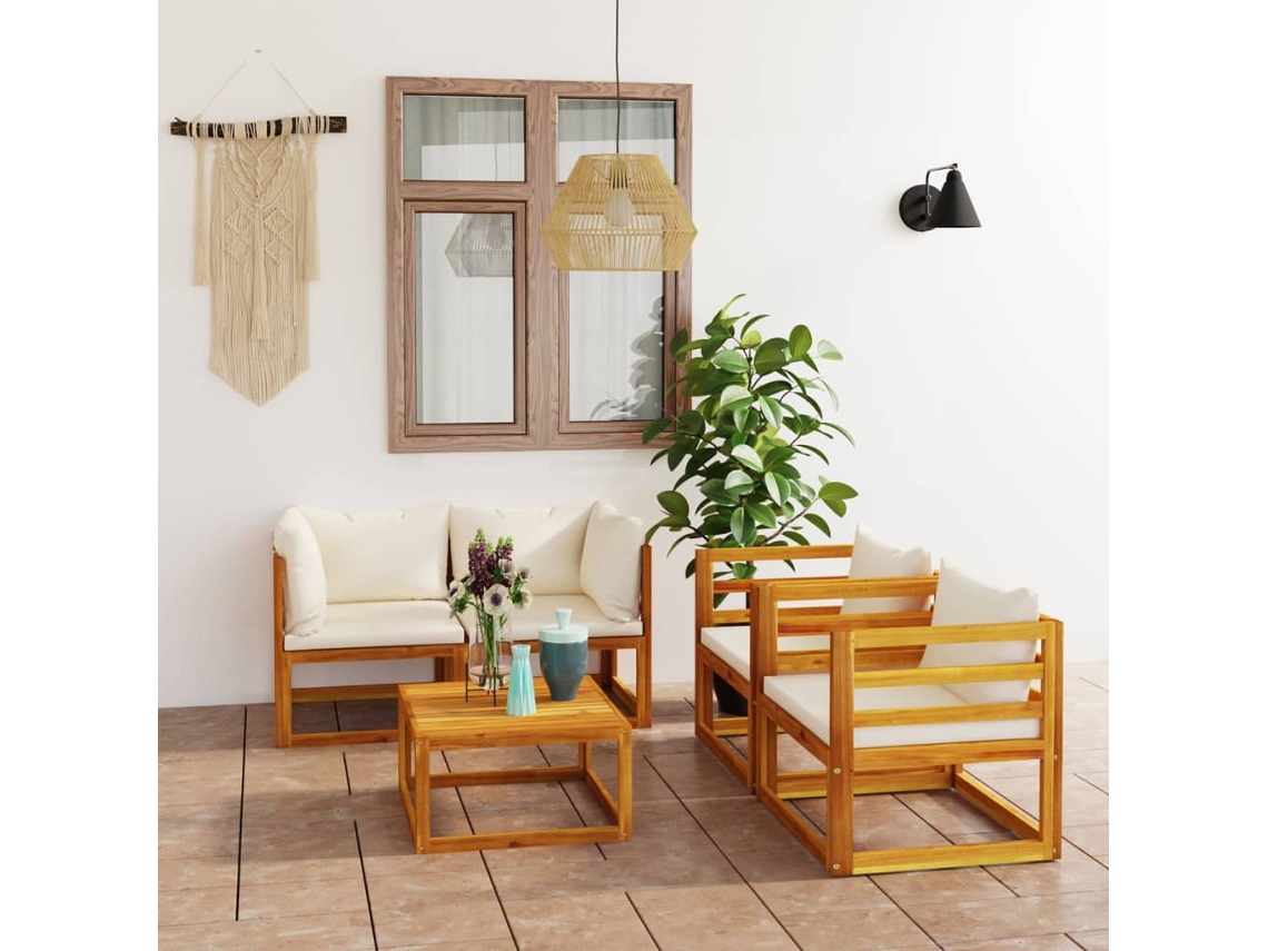 Vidaxl 5 Pcs Conjunto Lounge Jardim C/ Almofadões Creme Acácia Maciça