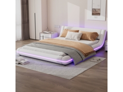 Cama Chão Pu 140x200 Cm Led Ambiente Minimalista Branco Moderno