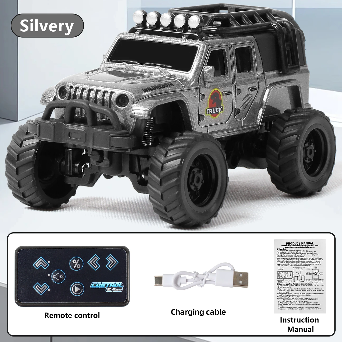 Carro de Mesa com Controle Remoto em Liga Metálica, Modelo de Veículo Off road, Presente para Crianças e Meninos MDUG (prateado)