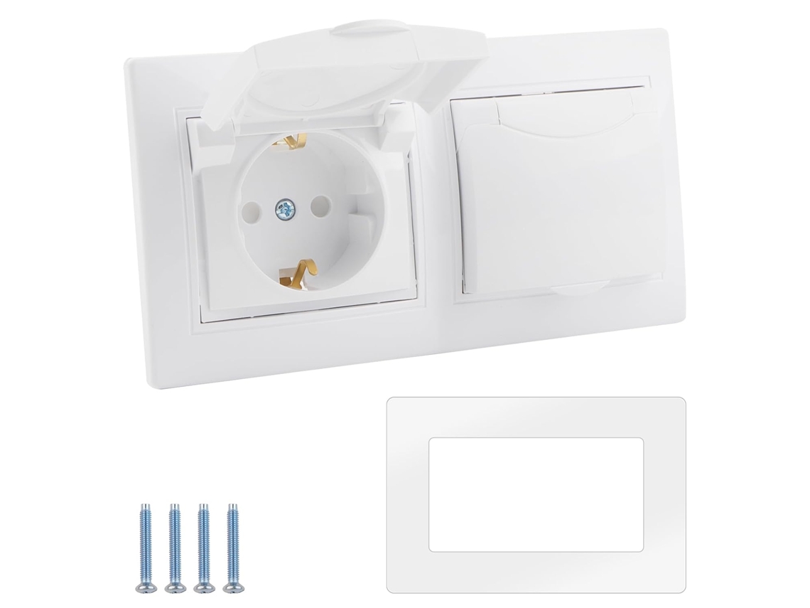 Tomada dupla à prova d'água de 16A 250V com aba branca | Tomada de contato de aterramento para montagem na parede, para uso interno e externo