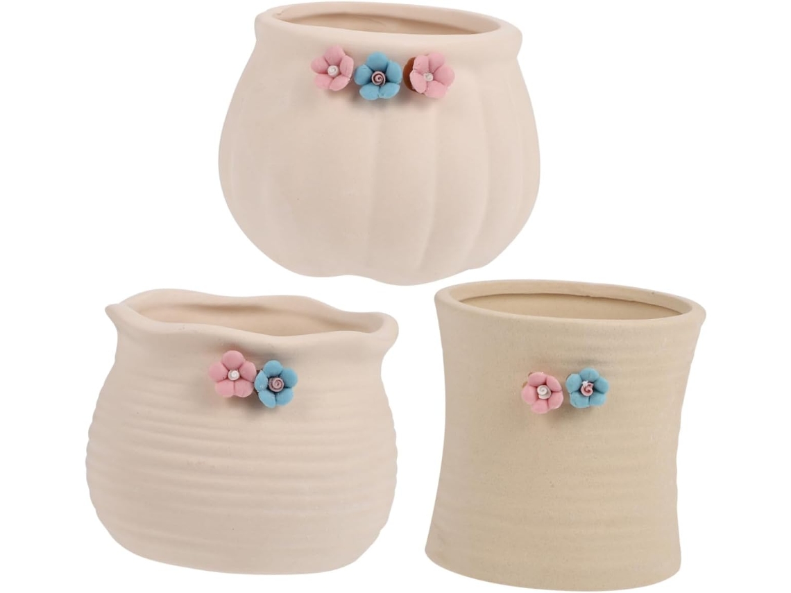 Conjunto De 3 Vasos De Cerâmica Com Design Floral Elegante.