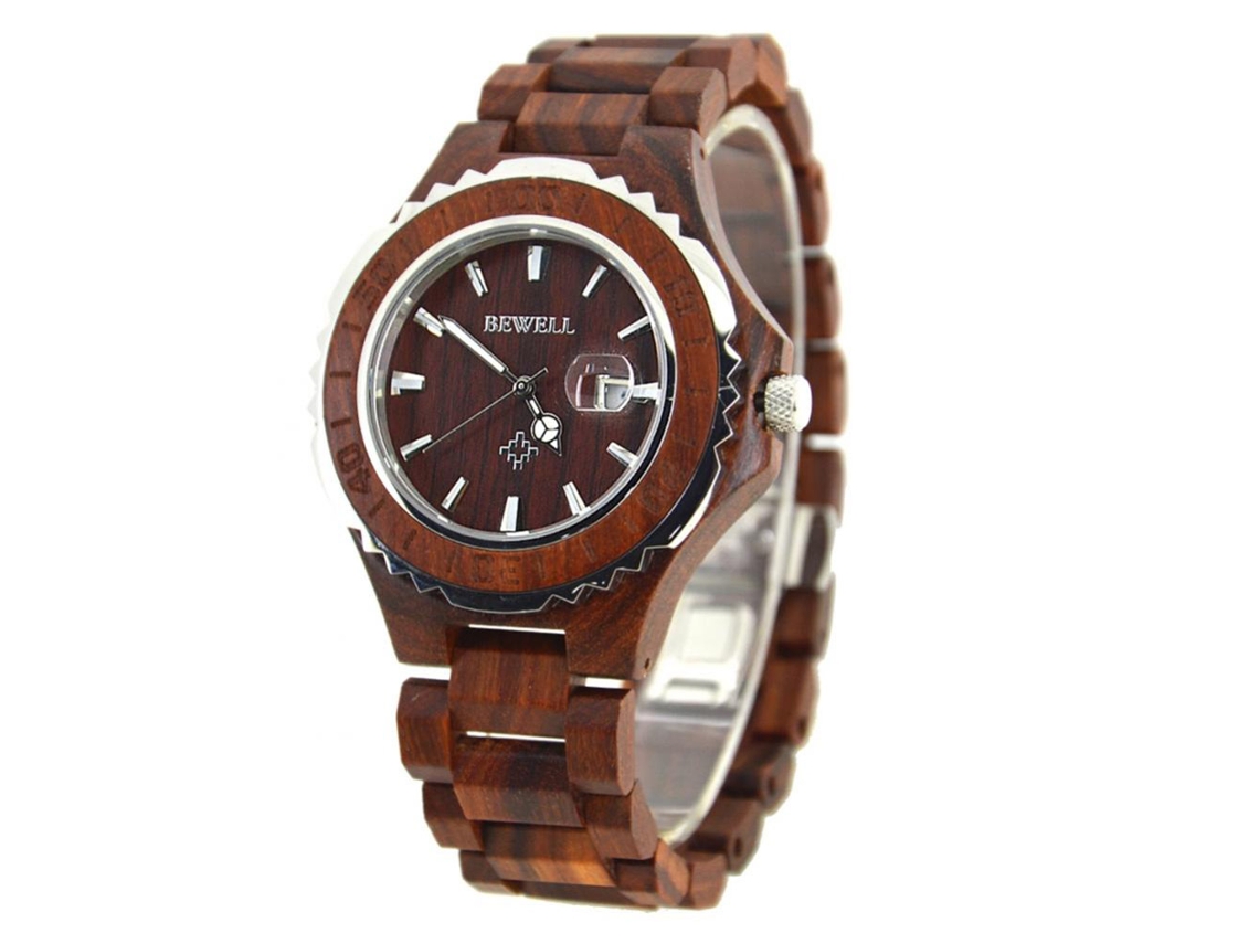 Relógio masculino de madeira com pulseira de madeira e movimento de quartzo (vermelho)