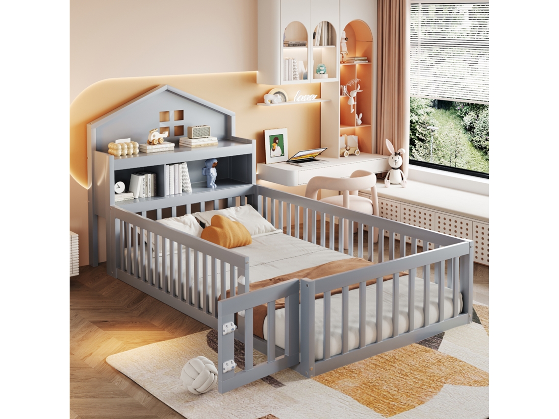 Cama Infantil Casa Campo 90x200 Mm Madeira Cinza Grades Arrumação Moderna