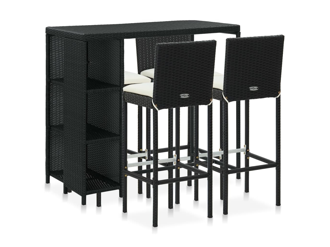 Vidaxl 5 Pcs Conjunto De Bar P/ Jardim C/ Almofadões Vime Pe Preto