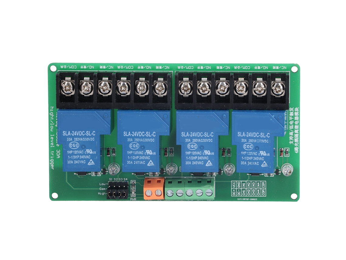 Módulo de relé de 4 canais 30A nível alto/baixo com optoacoplador de isolamento 24V para PLC e controle automático