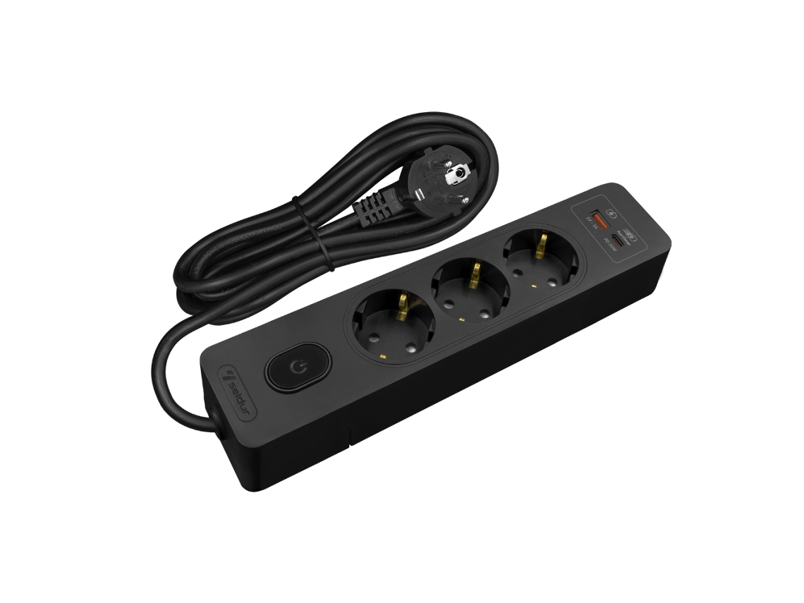 Multiplicador SELDUR G3Th22S 3 Tomadas Tipo F + Interruptor Usb A+C Carga Rápida 20W Preto Cabo 2M