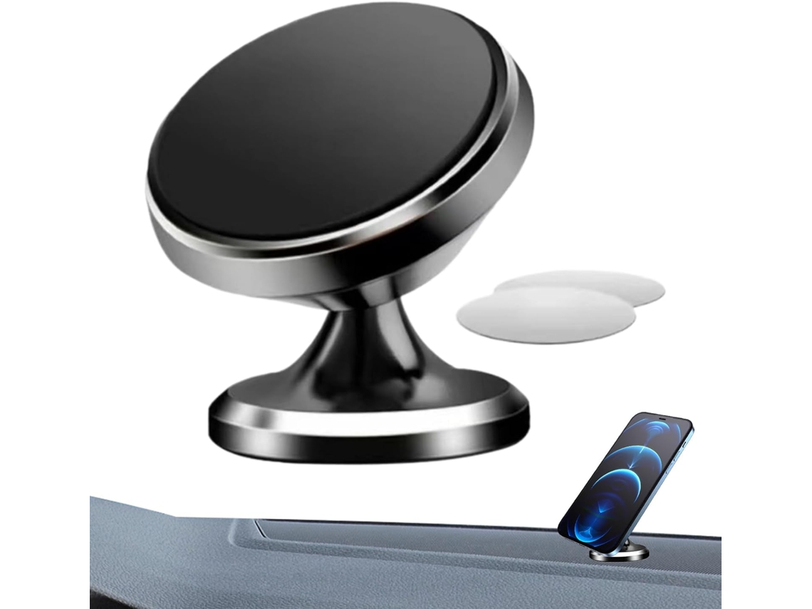 Suporte magnético ajustável e resistente a impactos para celulares e carrinhos.