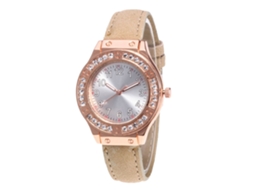 Relógio feminino de quartzo com pulseira de couro PU, mostrador com pedras, Zhoulianfa (bege)