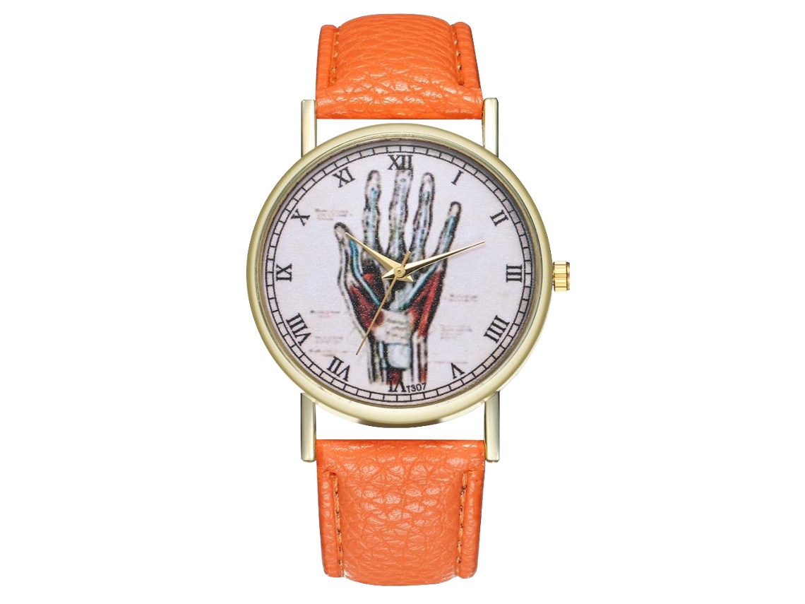 Relógio de quartzo casual unissex com pulseira de couro PU laranja.