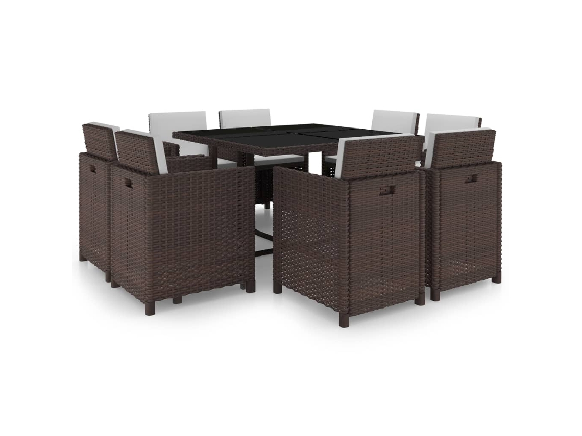 Vidaxl 9 Pcs Conjunto Jantar Exterior C/ Almofadões Vime Pe Castanho