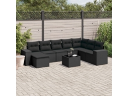 9 Pcs Conjunto De Sofás P/ Jardim C/ Almofadões Vime Pe Preto Dkd Home Decor