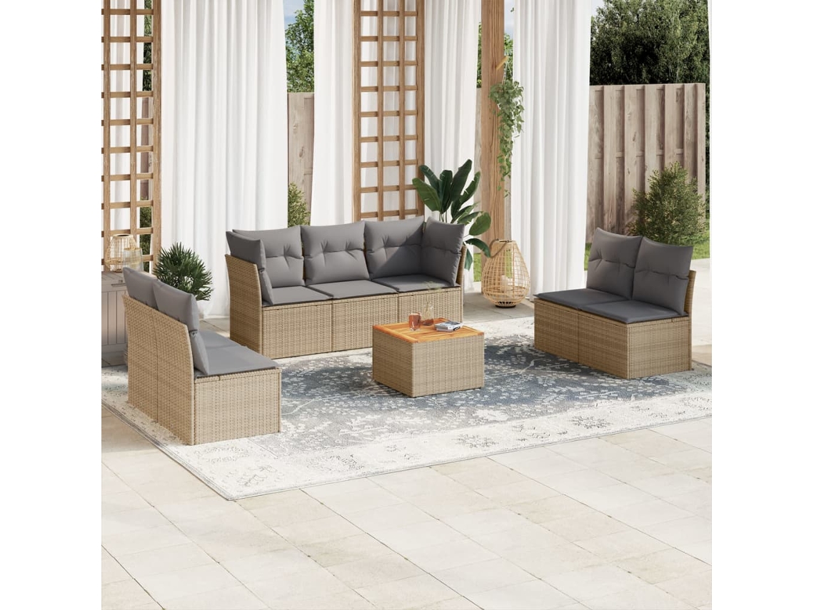 Jogo 8 Peças Sofás Jardim C/ Almofadões Vime Pe Bege Misturado Dkd Home Decor