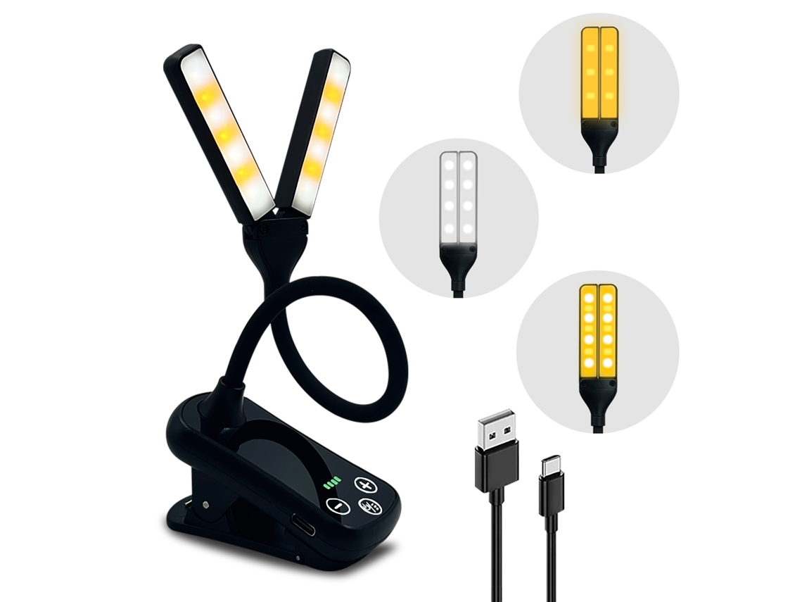 Lâmpada de Leitura Clip on com 2 Cabeças, 3 Temperaturas de Cor, Controle Táctil Recarregável | S/MARCA