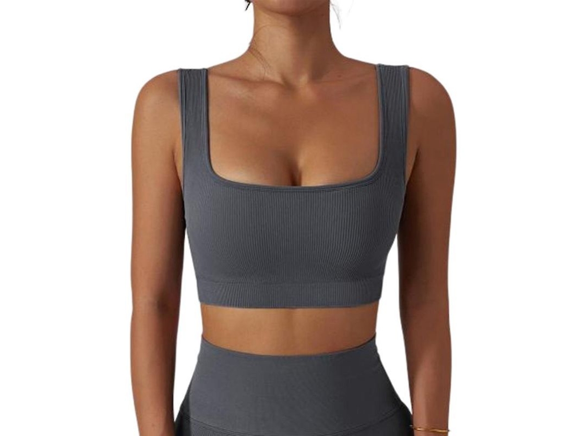 Top de Tirantes Costurado Simples com Sutiã Esportivo para Mulheres Crop Top Casual e Ativo Cinza