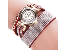 Relógio de Pulso Feminino Quartzo Camurça Multicamada com Strass Cor Vermelha