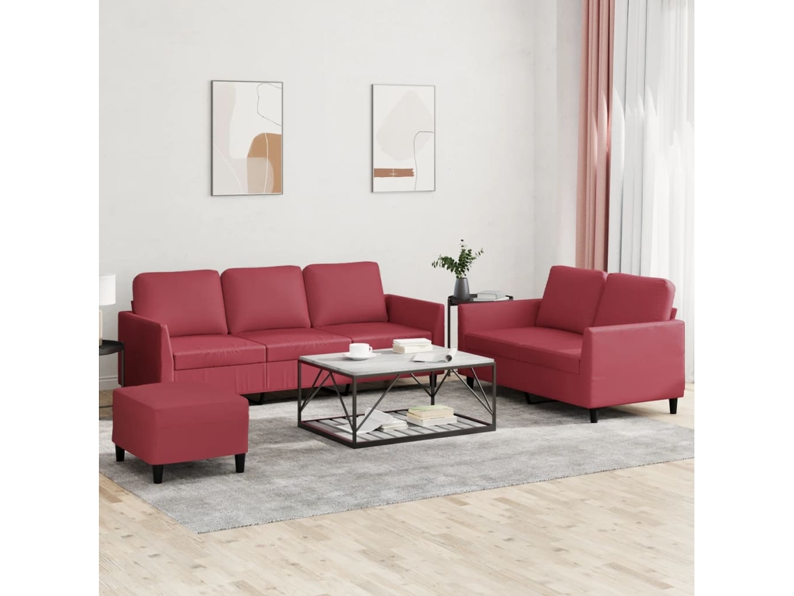 Vidaxl 3 Pcs Conjunto Sofás C/ Almofadões Couro Artif. Vermelho Tinto