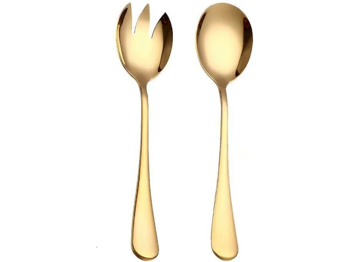 Conjunto Rebe de Utensílios para Salada de Sal em Aço Inox, 2 Peças, Colher e Garfo, 7,7 Polegadas, Dourado, Próprio para Máquina de Lavar Louça