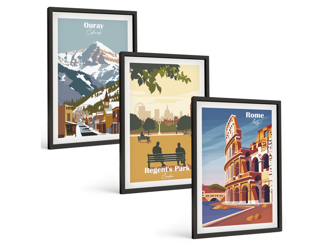Quadros Decorativos Para Parede Montanhas Ouray, Londres, Coliseu Moldura Preta Pinturas De Quarto Espelharte (3 Piezas De 40x60 Cm)