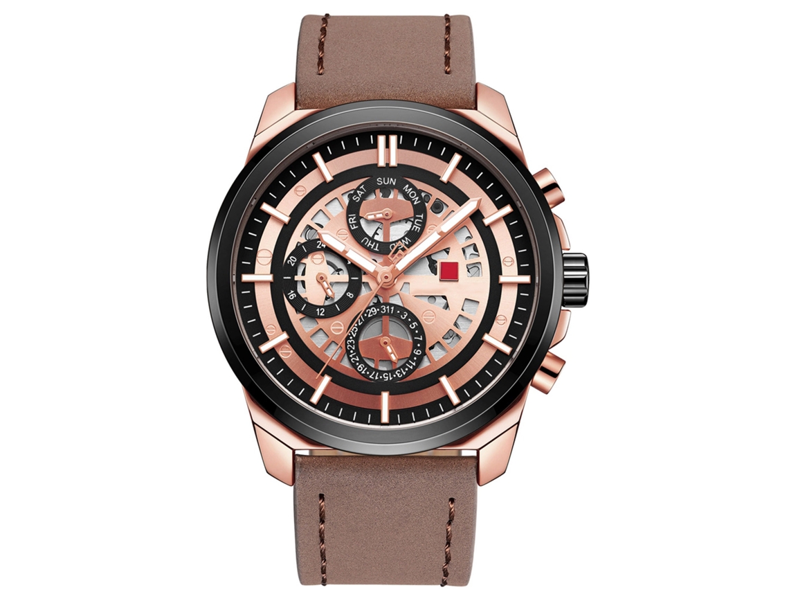 Relógio masculino elegante de quartzo com pulseira de couro Naviforce ouro rosa