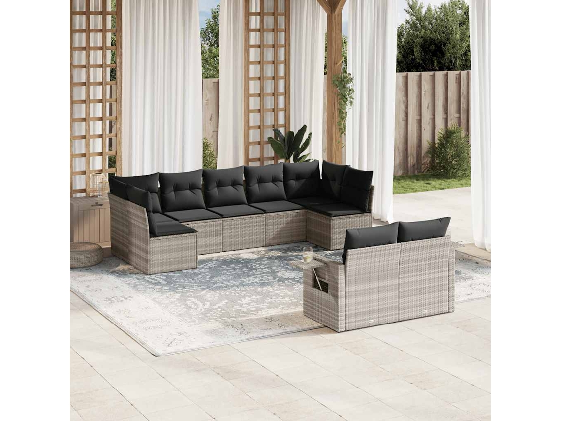 Vidaxl 9 Pcs Conj. Sofás Jardim Com Almofadões Vime Pe Cinzento-claro
