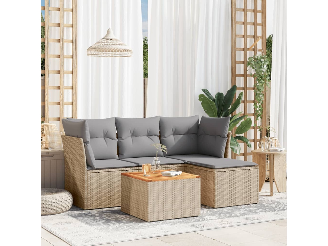 Vidaxl 5 Pcs Conj. Sofás Jardim C/ Almofadões Vime Pe Bege Misturado