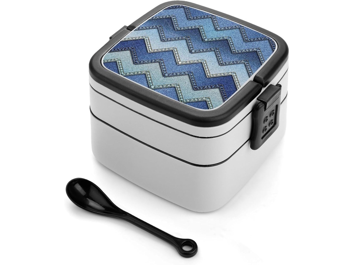 Marmita Bento De Camada Dupla Em Jeans Degradê Azul, 1000ml, Empilhável, À Prova De Vazamentos, Com Colher, Recipiente