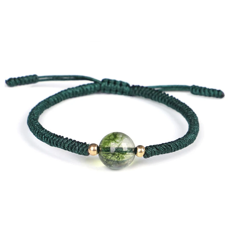 Pulseira de Cristal de Quartzo Fantasma Natural, Pulseira Trançada de Corda Fantasma Verde Ajustável em Estilo Étnico MDUG