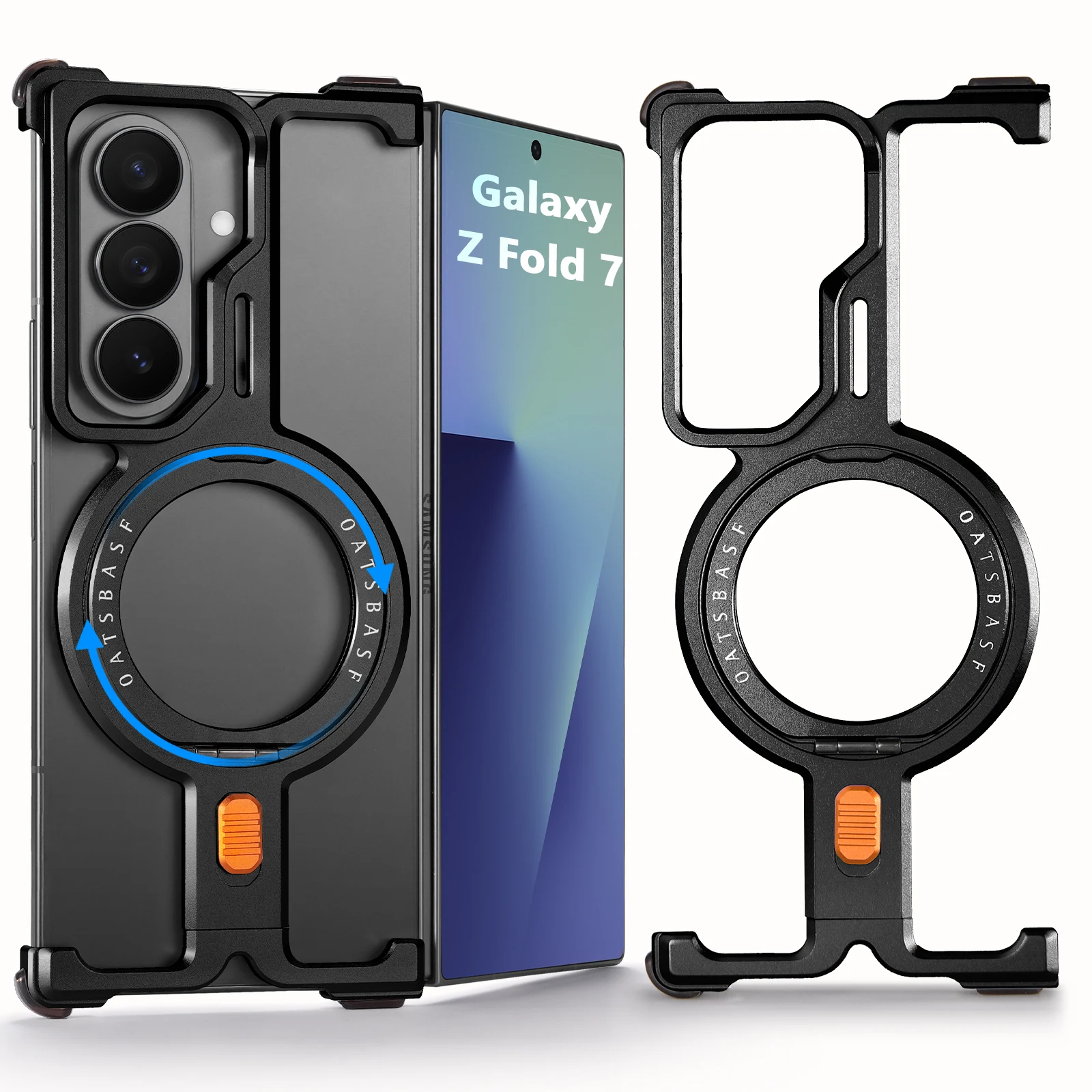 Capa Para Celular (preta) Para Galaxy Z Fold7 Com Suporte De Anel Giratório 360° E Carregamento Sem Fio Magsafe.